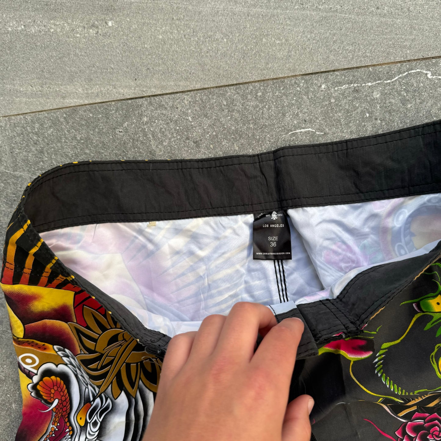 deadstock christian audigier shorts - 36x12.5”