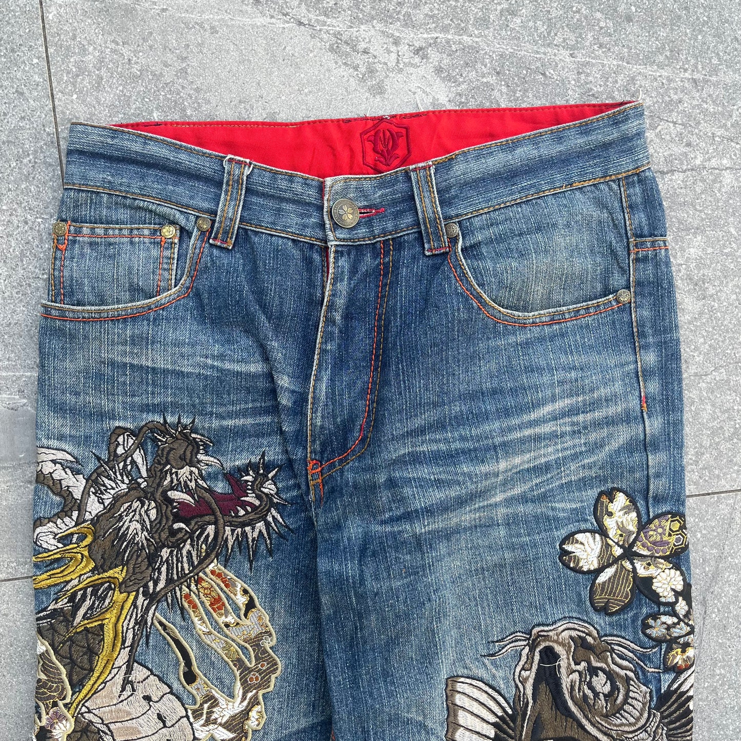wow OMGGGG japanese embroidered denim - 32x29”