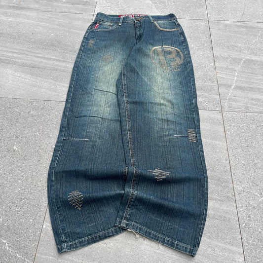 blue black embroidered jeans - 34x34”