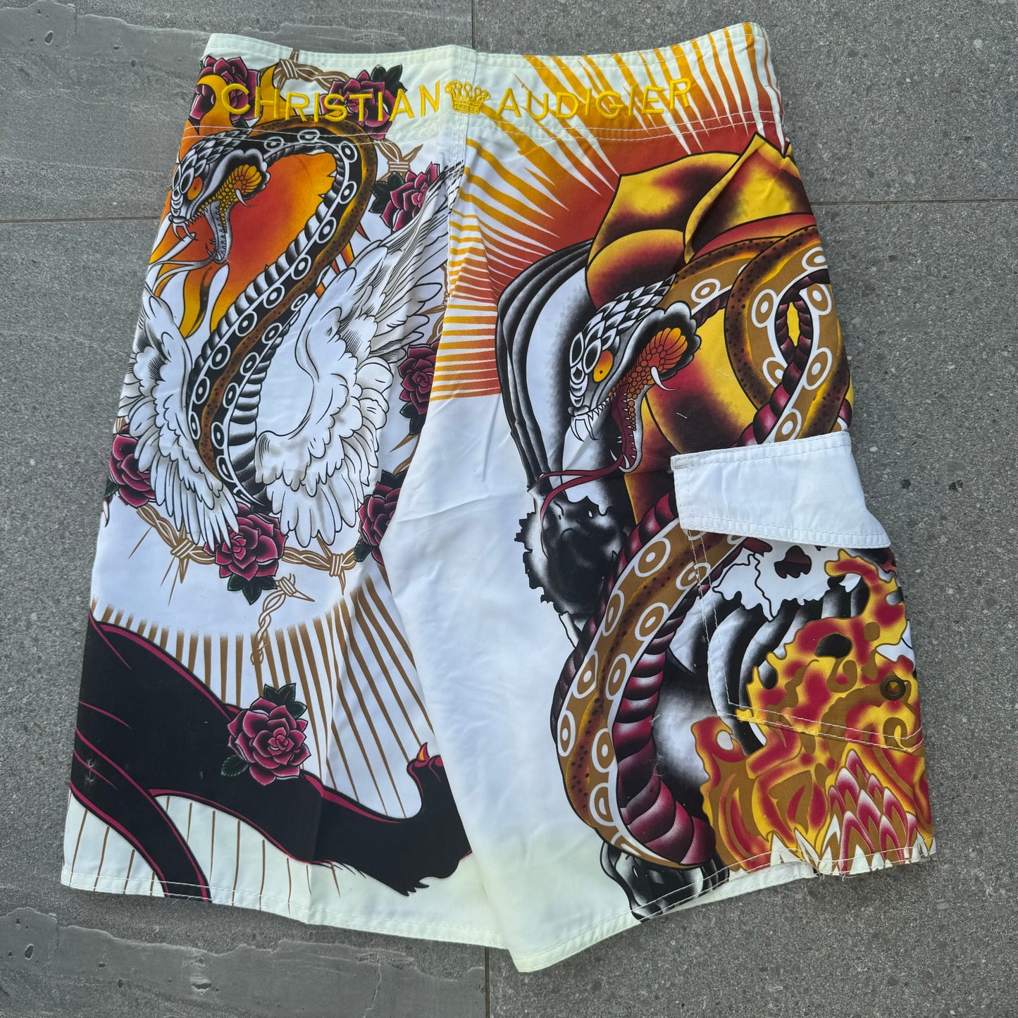 deadstock christian audigier boardies - 30x12”