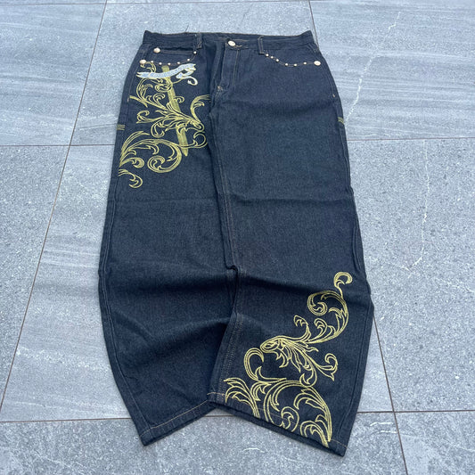 raw blue spec embroidered jeans 36x30”
