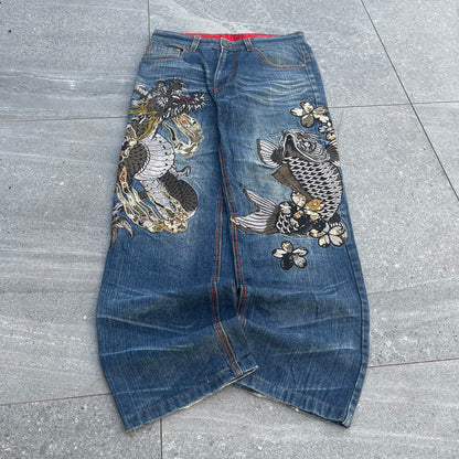 wow OMGGGG japanese embroidered denim - 32x29”