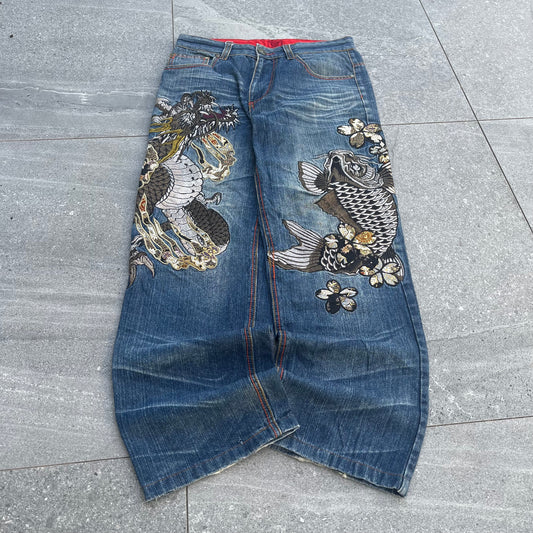 wow OMGGGG japanese embroidered denim - 32x29”