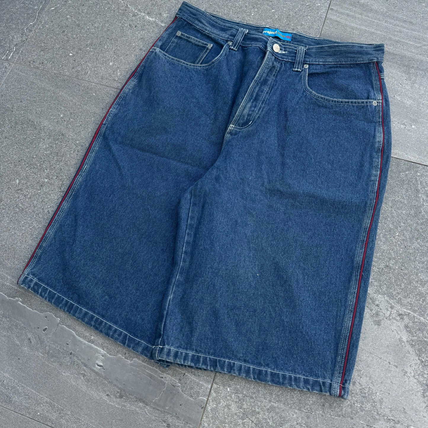 project blue side stripe jorts - 34x13”