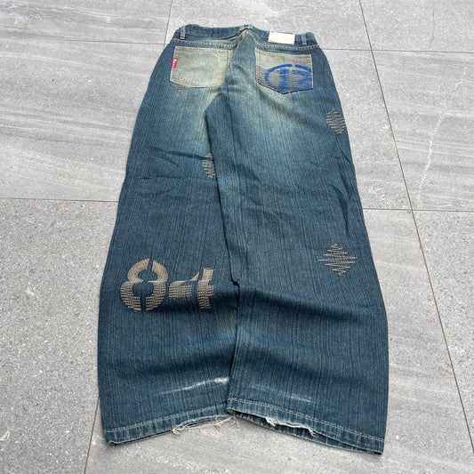 blue black embroidered jeans - 34x34”