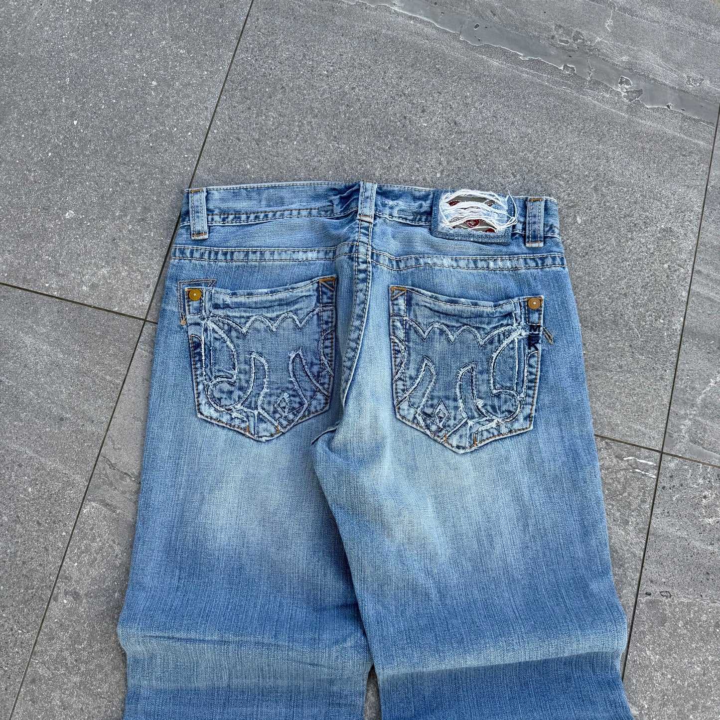 goated mek distressed bootcuts - 34x32”