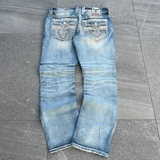 distressed rock revival stackers - 34x32”