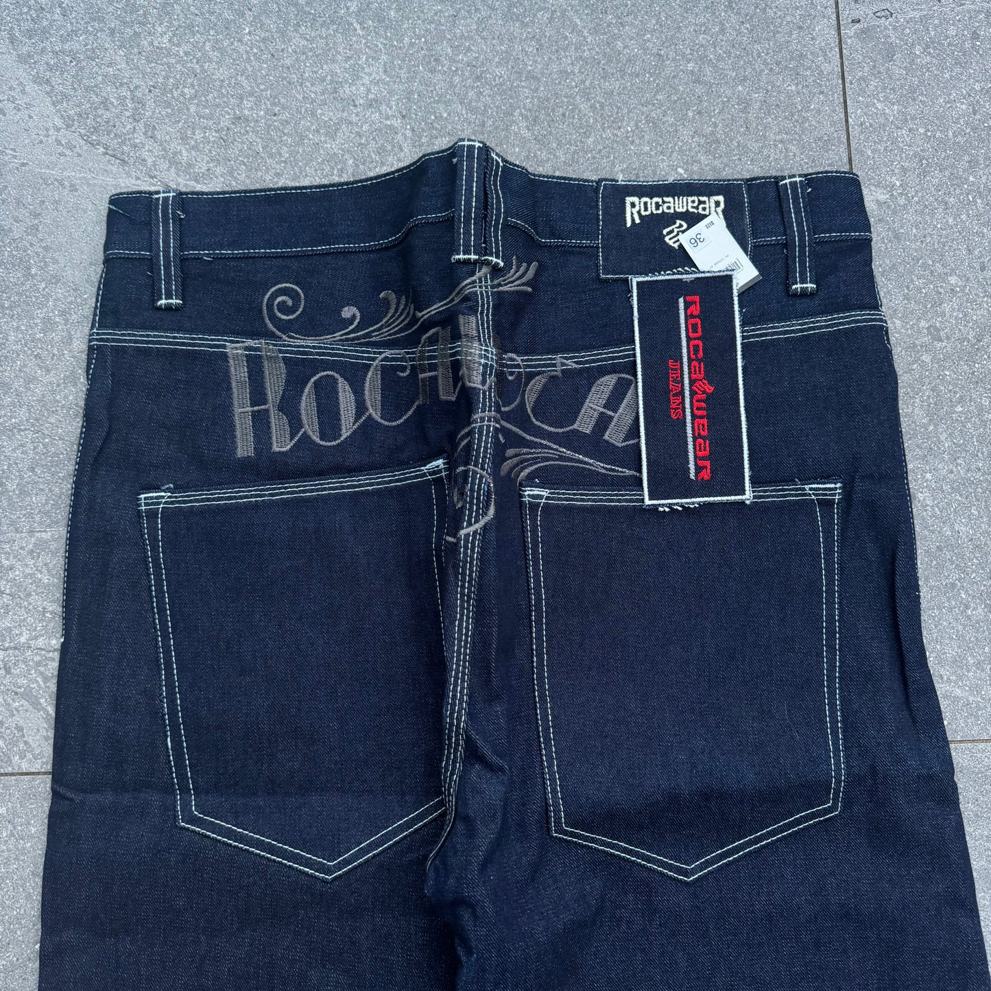 deadstock raw denim rocawear jeans :0 36x34”