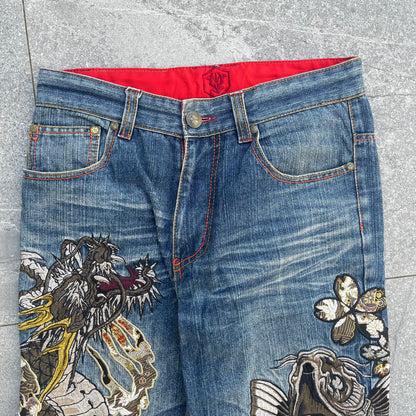 wow OMGGGG japanese embroidered denim - 32x29”