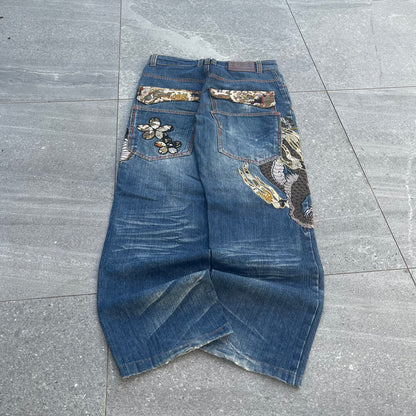 wow OMGGGG japanese embroidered denim - 32x29”