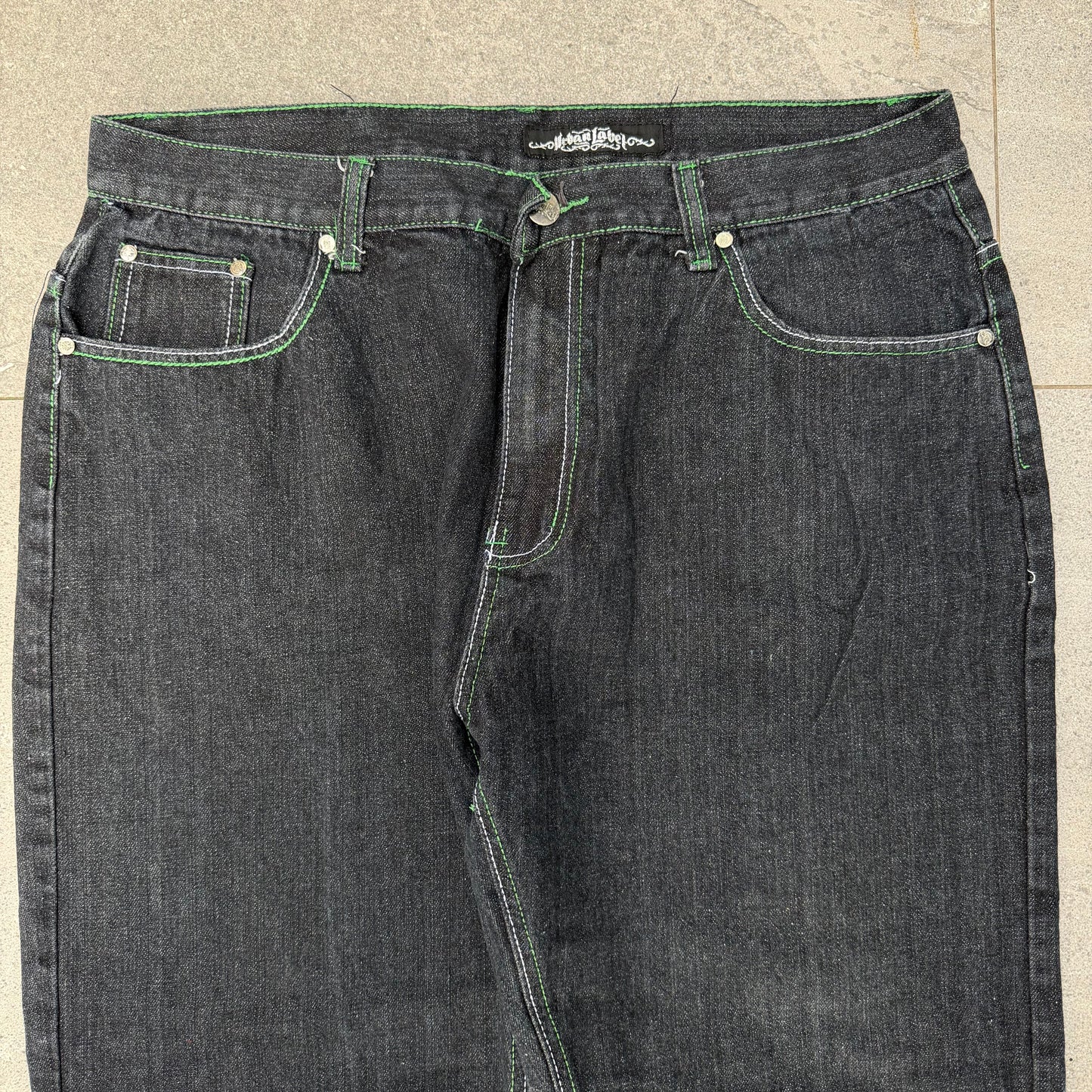 green stitched urban label bootcuts - 38x30”