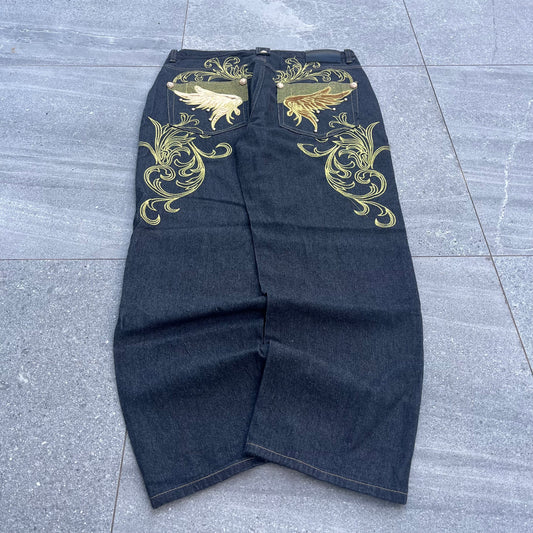 raw blue spec embroidered jeans 36x30”